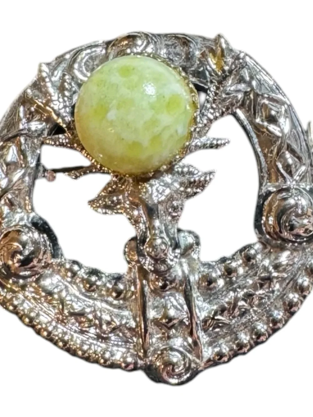 Silver Tone Brooch with Pale Green Cabochon